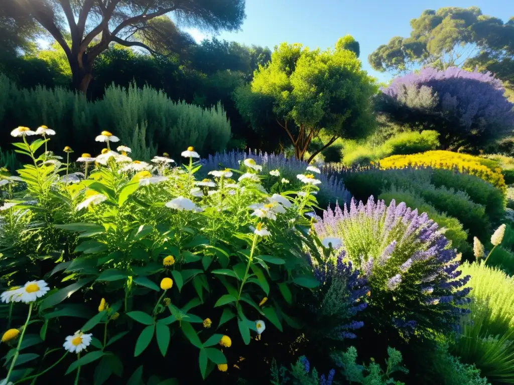 Un jardín botánico exuberante y vibrante con plantas medicinales, eucaliptos, lavanda y manzanilla