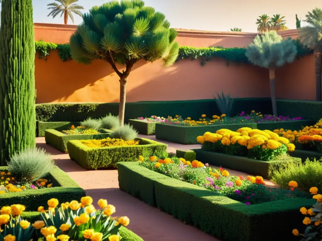 Un exuberante jardín botánico en Marrakech, Marruecos, con visitantes disfrutando de la fitoterapia en un entorno natural