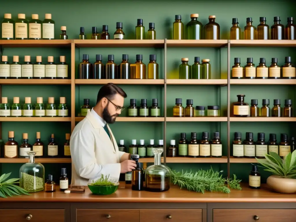 Farmacéutico experto destilando aceites esenciales Un farmacéutico extrae aceites esenciales de plantas con equipo de destilación tradicional