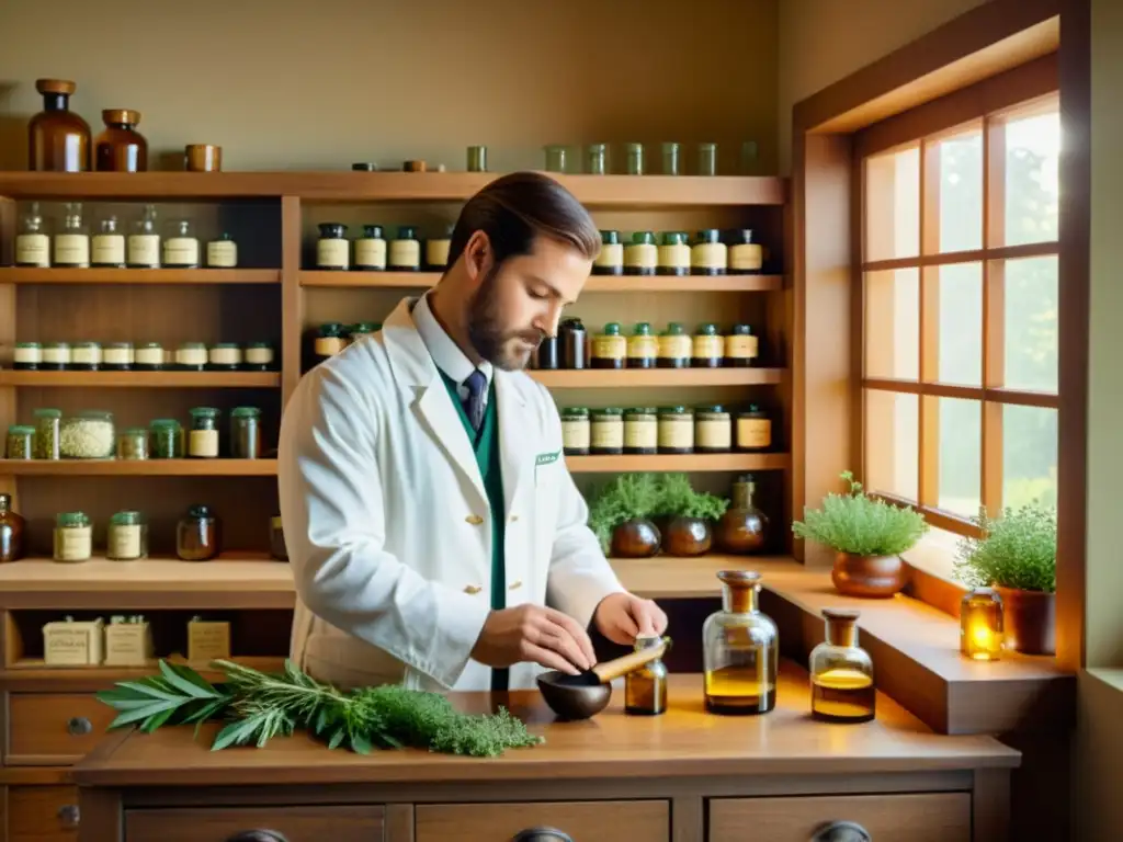 Un farmacéutico trabaja en una antigua botica, preparando remedios herbales