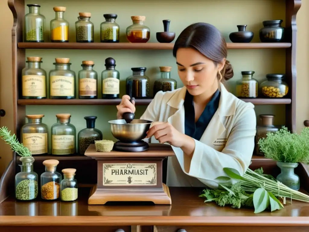 Un farmacéutico experto mide medicinas naturales en una ilustración vintage