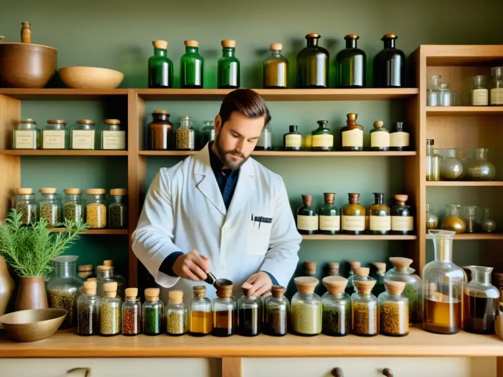 Un farmacéutico experto mezcla remedios herbales en una antigua botica, rodeado de herramientas vintage y estantes llenos de hierbas