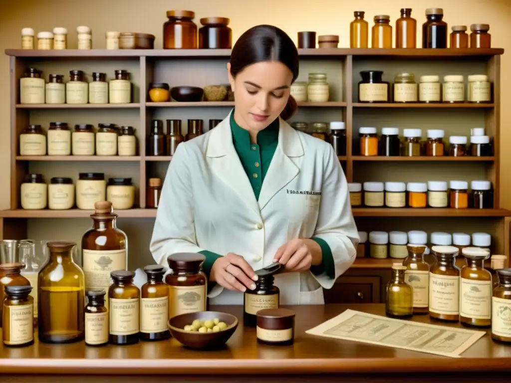 Un farmacéutico experto mide vitaminas y minerales en frascos vintage, evocando confianza en los beneficios para la salud