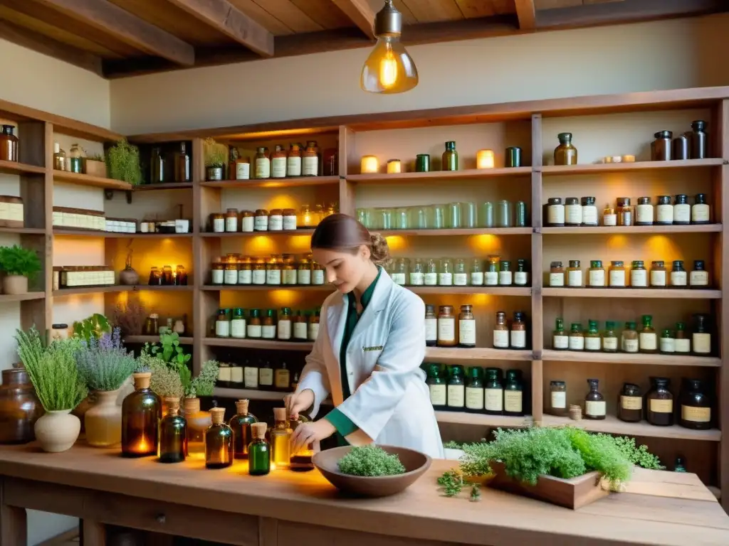 Un farmacéutico en un laboratorio de hierbas vintage elaborando cápsulas de medicina a mano