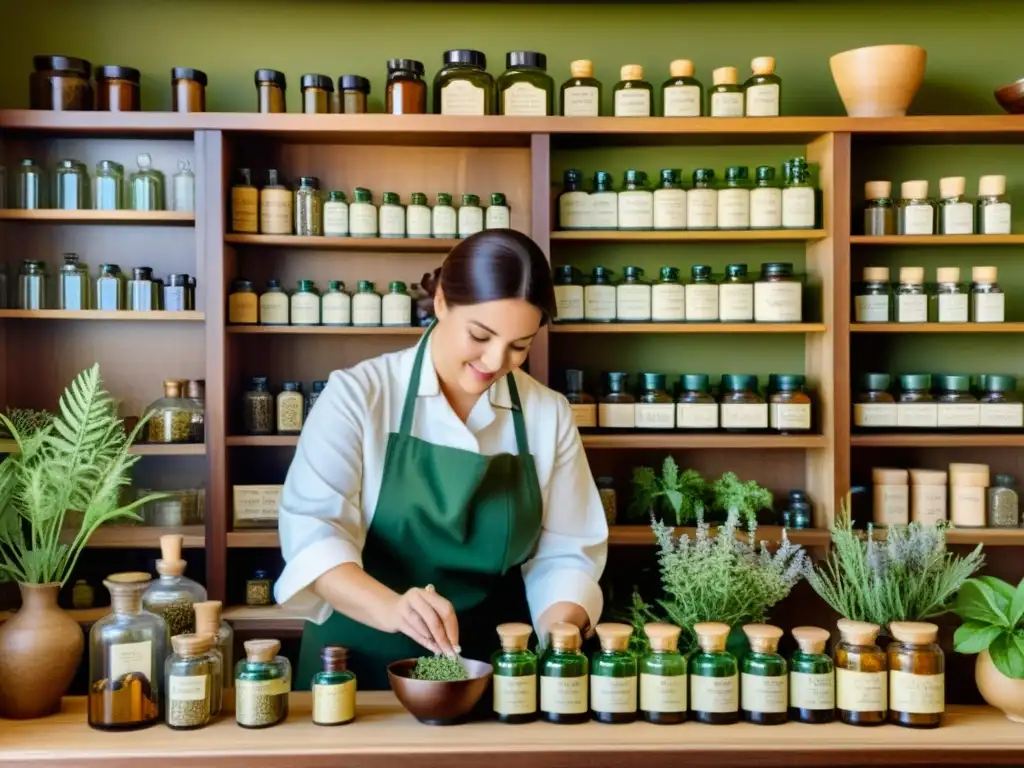 Farmacéutico preparando medicina natural en antigua botica