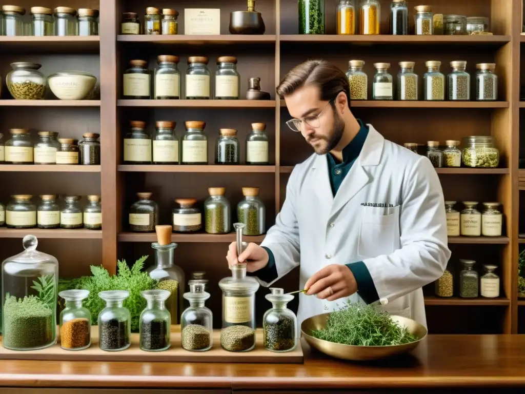 Un farmacéutico prepara remedios herbales rodeado de estantes llenos de plantas medicinales rituales en un ambiente nostálgico y atemporal