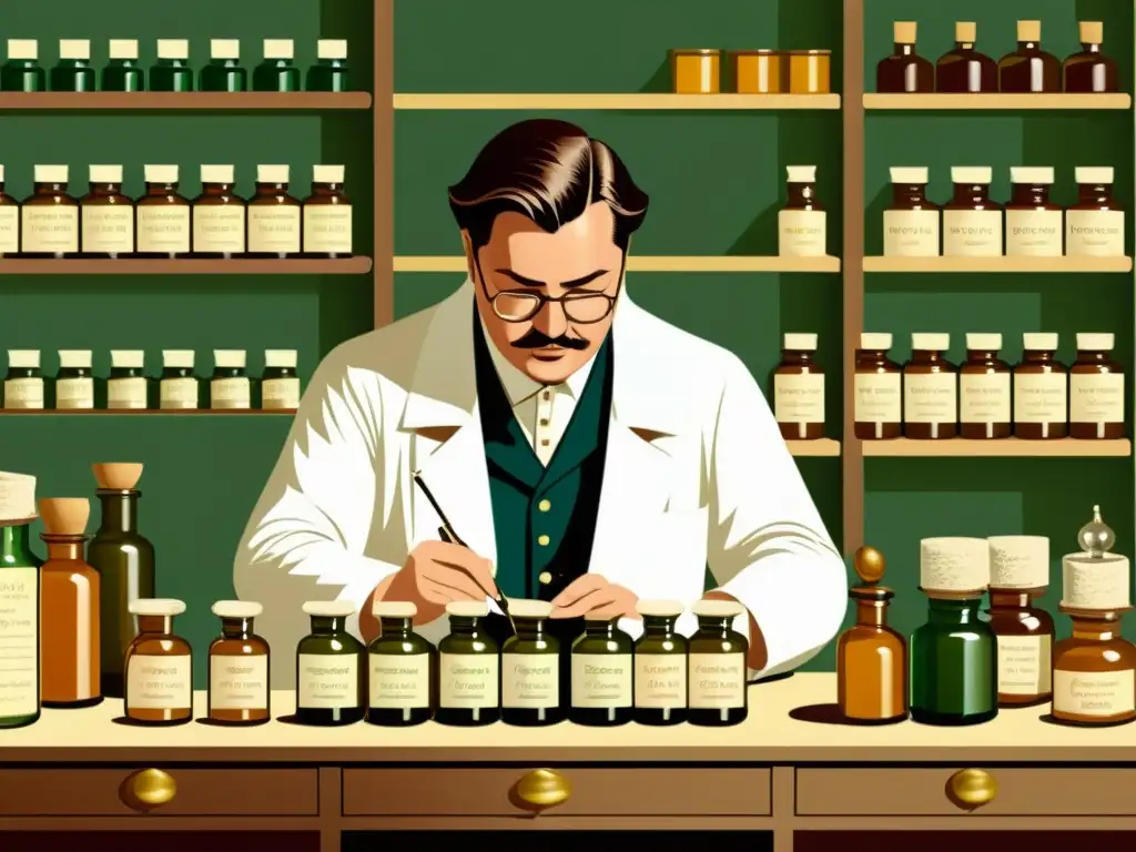 Un farmacéutico prepara cuidadosamente remedios homeopáticos en un entorno tradicional, evocando la homeopatía tradicional versus evidencia científica