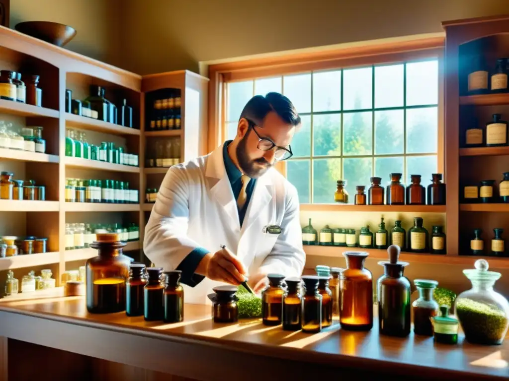 Un farmacéutico prepara remedios naturales en una botica vintage, evocando la medicina tradicional