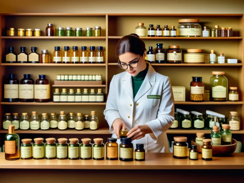 Un farmacéutico cuidadosamente dosifica suplementos naturales en botellas, rodeado de remedios herbales y frascos de botica