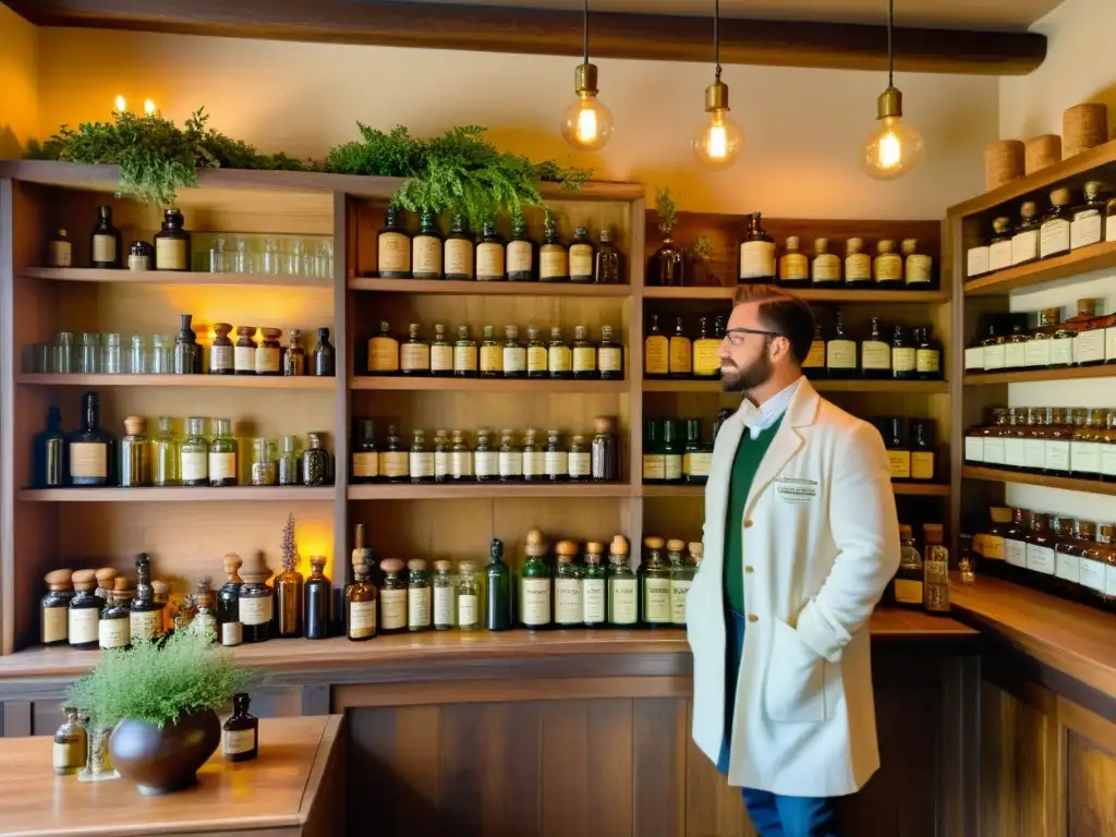 Farmacia antigua con botellas de vidrio, estantes de madera, hierbas y tinturas