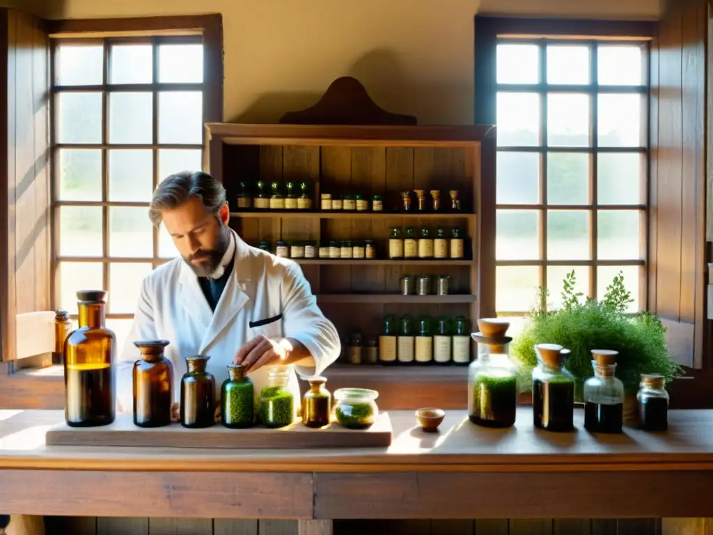 Farmacia antigua con estantes de madera llenos de botellas de hierbas