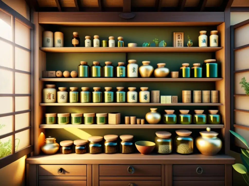 Una ilustración vintage de una farmacia china tradicional con estantes llenos de hierbas y remedios