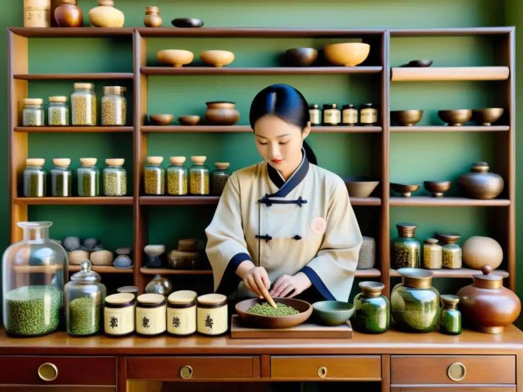 Ilustración vintage de una farmacia china tradicional con hierbas y remedios en estantes