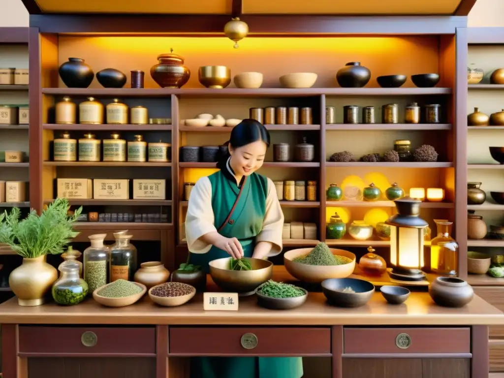 Una ilustración vintage muestra una farmacia china tradicional, con hierbas y remedios