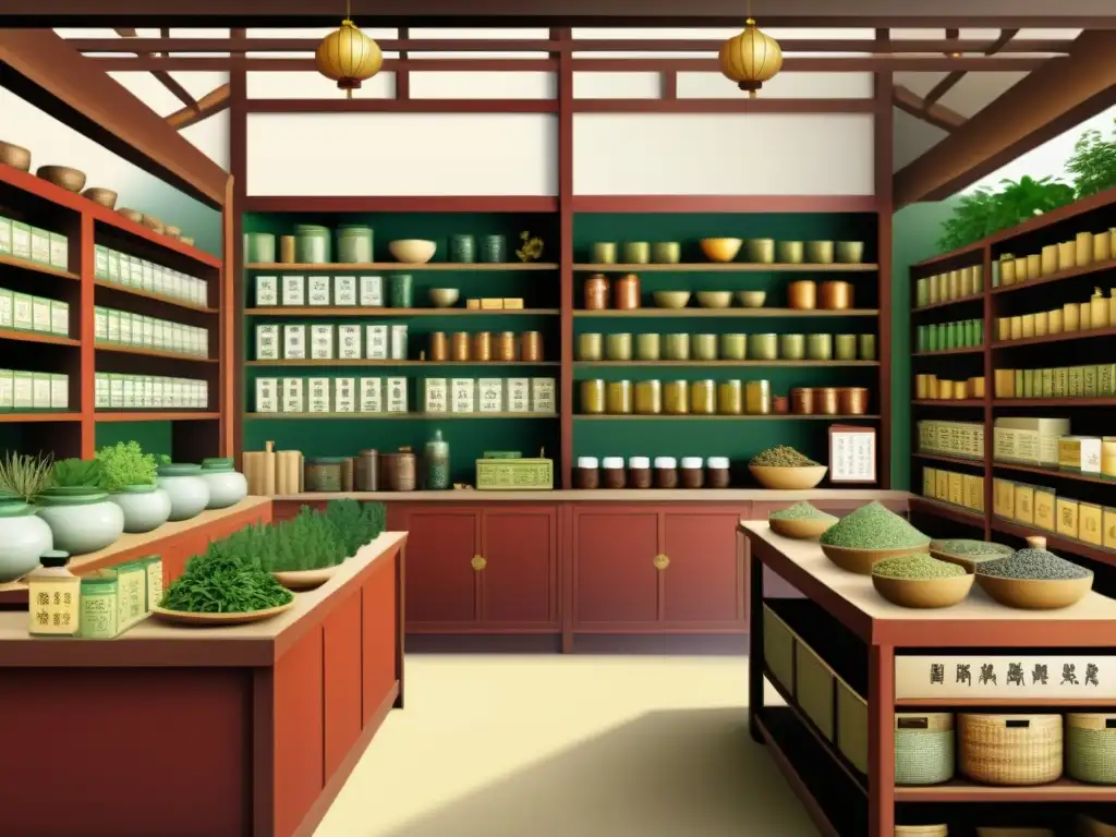 Una ilustración vintage de una farmacia china tradicional repleta de hierbas y clientes consultando al herbolario