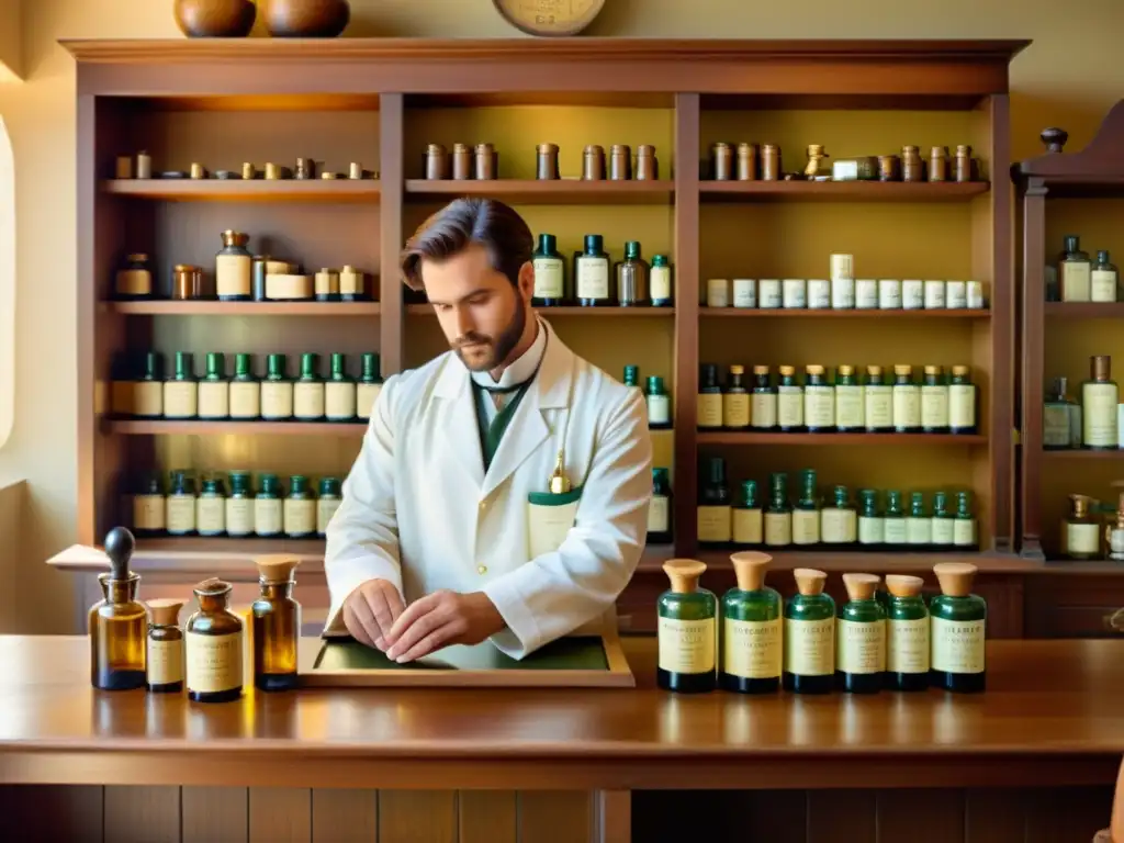 Una farmacia homeopática del siglo XIX con botellas de remedios herbarios, mortero y pistilo de latón, y un farmacéutico preparando una tintura