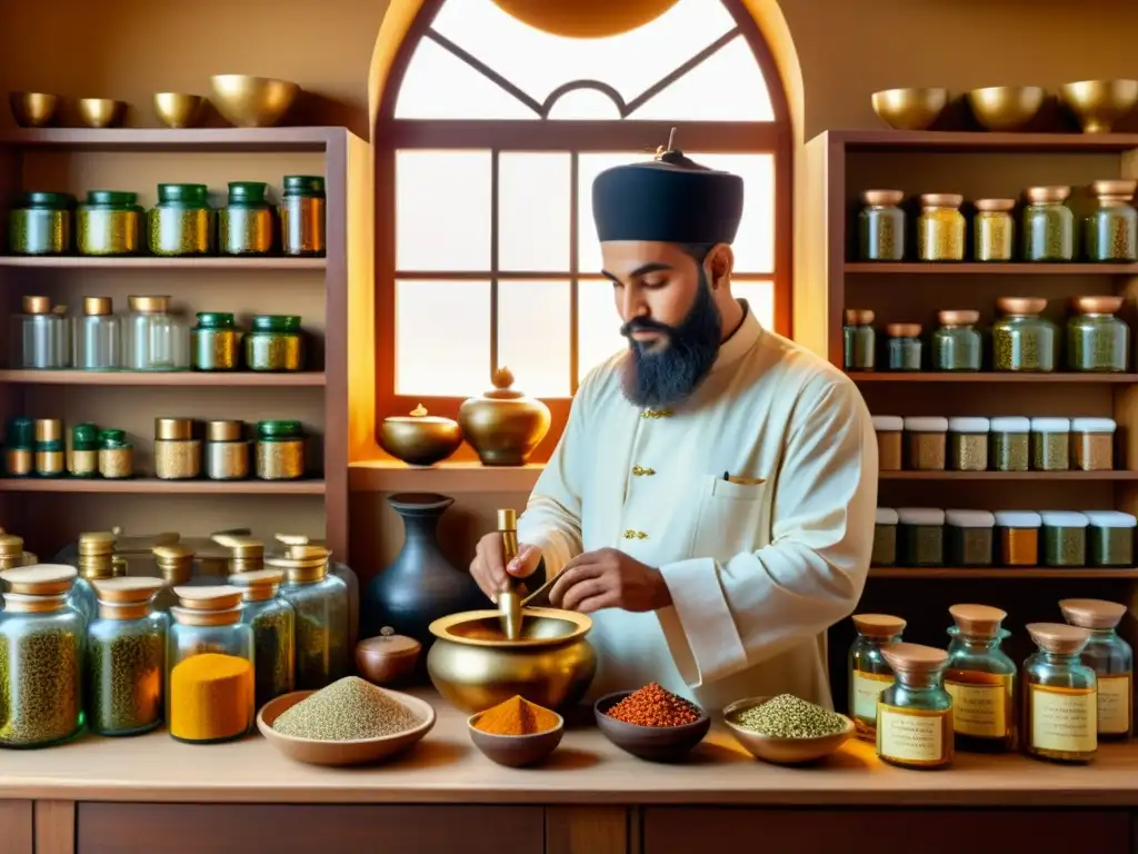 Farmacia islámica antigua con medicina tradicional islámica profética, aromas exóticos y sabiduría ancestral en la atmósfera