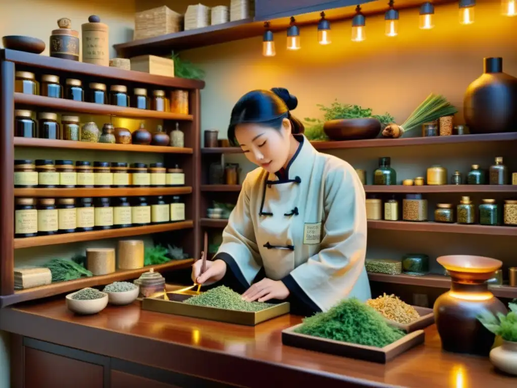 Una ilustración vintage de una farmacia de medicina tradicional china, con estantes llenos de hierbas y remedios