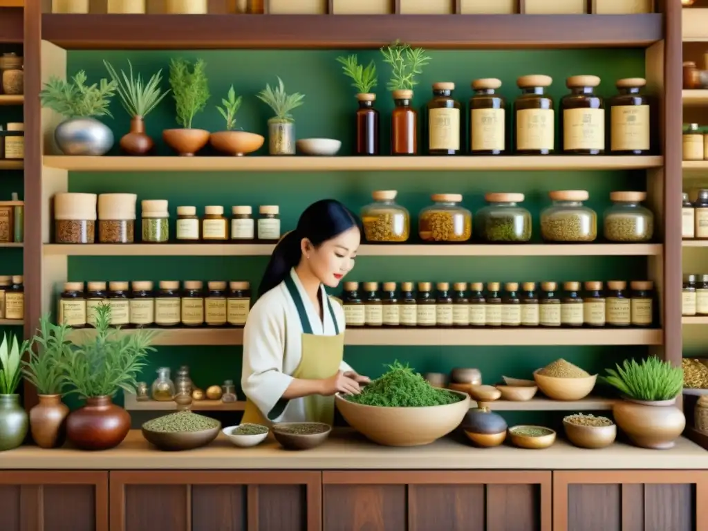 Una ilustración vintage de una farmacia tradicional asiática llena de hierbas, raíces y plantas secas, con clientes y un herborista