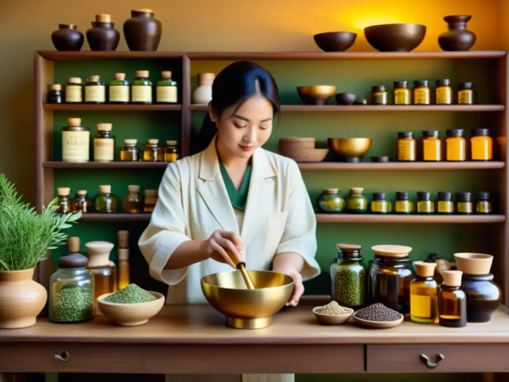 Una ilustración vintage de una farmacia tradicional china con estantes llenos de frascos de hierbas y aceites, y un practicante mezclando aceites esenciales en un mortero y una mano