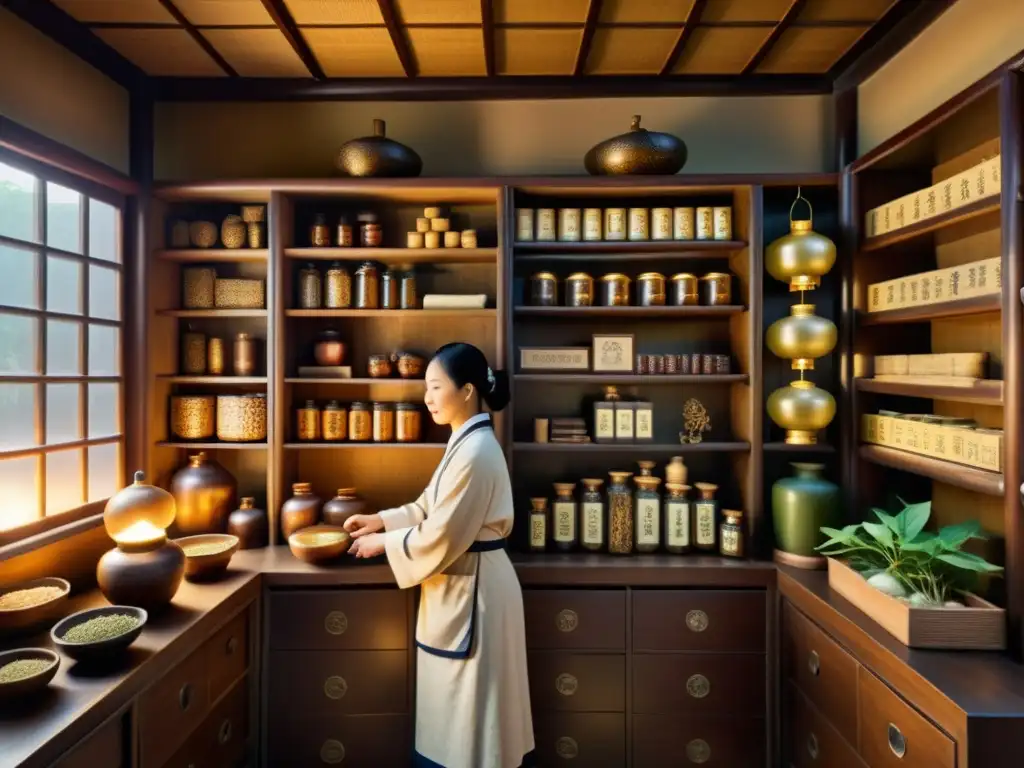 Una ilustración vintage de una farmacia tradicional china con estantes llenos de frascos de raíces de ginseng y hierbas medicinales, un herbolario sabio dispensando ginseng a un paciente, y la cálida luz de linternas creando una atmósfera serena y mística