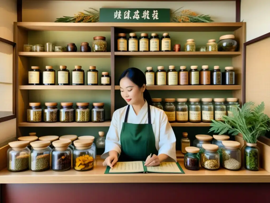 Una ilustración vintage de una farmacia tradicional china llena de hierbas, raíces e ingredientes medicinales, con un herborista preparando una remedio detrás del mostrador