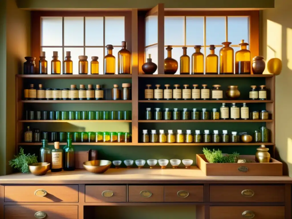 Una ilustración vintage de una farmacia tradicional con estantes llenos de botellas de vidrio, cajones de madera con hierbas y luz cálida