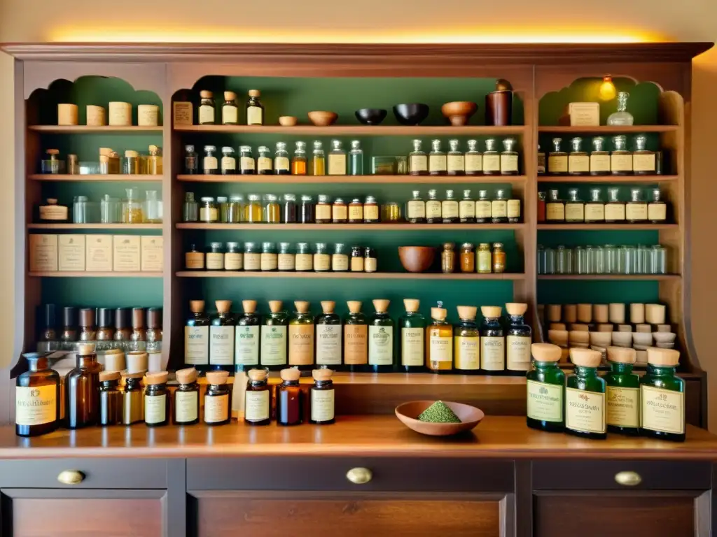 Una ilustración vintage de una farmacia tradicional con estantes de madera llenos de botellas de colores y hierbas, un mortero y un farmacéutico atendiendo a un cliente