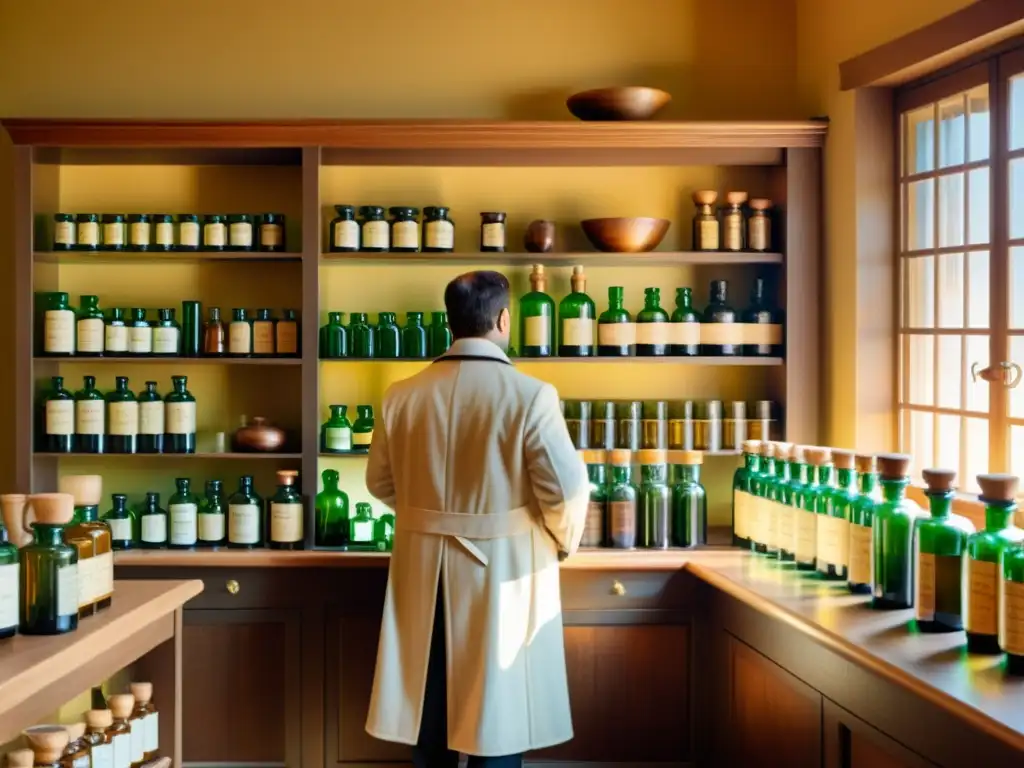 Apothecary europea: sabiduría medicinal antigua Una ilustración vintage de una farmacia tradicional europea con frascos de pociones y hierbas, un farmacéutico con mortero y pestle, y un letrero detallando los métodos tradicionales y tratamientos durante epidemias en Europa