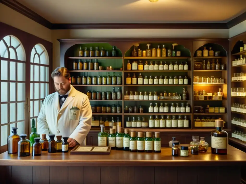 Una farmacia vintage con estantes llenos de medicinas y tinturas a base de cannabis