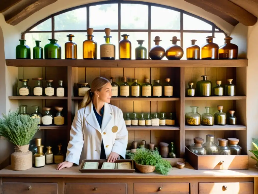 Una farmacia vintage con estantes de madera llenos de botellas de vidrio, etiquetadas a mano