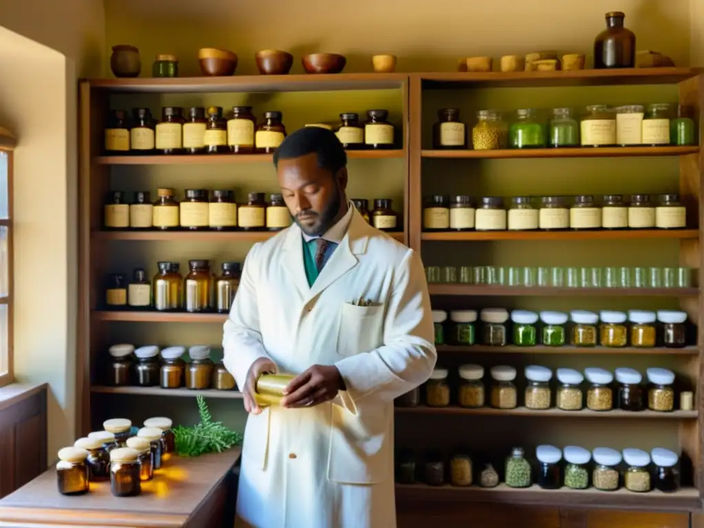 Farmacia vintage con plantas medicinales africanas historia, farmacéutico preparando remedio tradicional con respeto y tradición