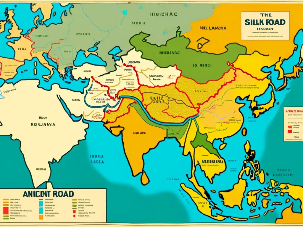 Un fascinante mapa vintage de la antigua Ruta de la Seda, detallando rutas comerciales, ciudades y paisajes