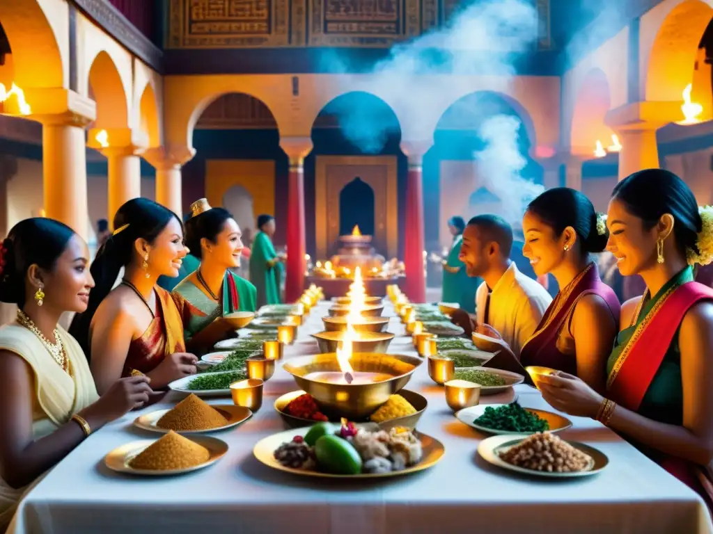 Un festín ceremonial en un antiguo templo con comidas sagradas en diferentes culturas, reunión de tradiciones y vestimentas coloridas