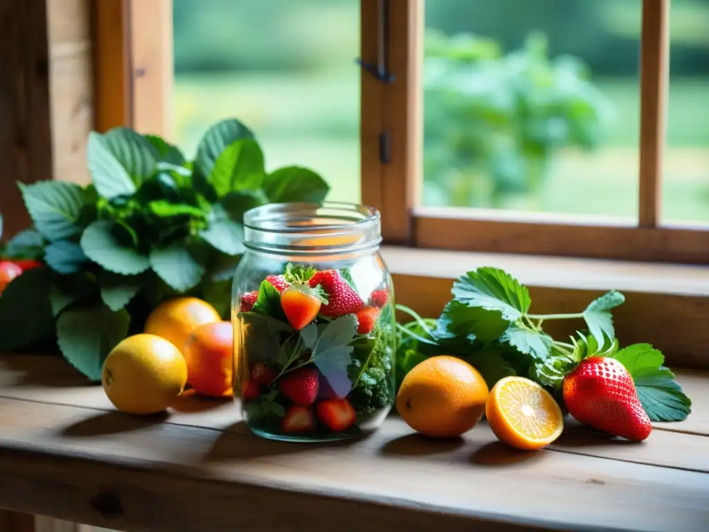 Un festín de frutas y verduras frescas en una mesa rústica, bañados por luz natural