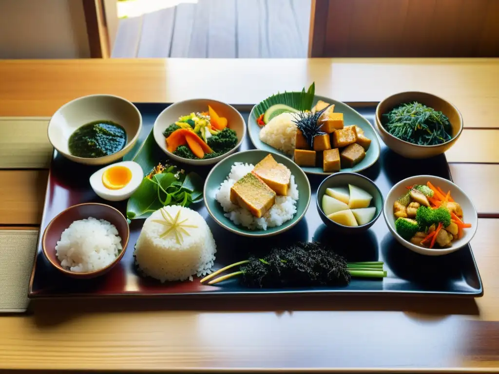 Un festín tradicional Okinawense en una mesa de madera vintage