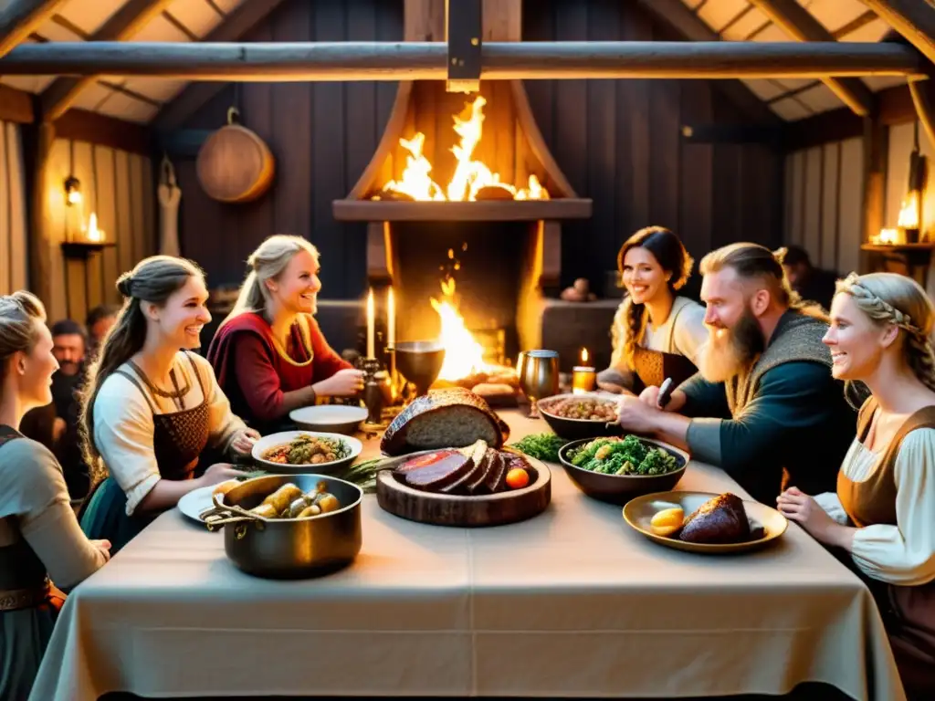 Banquete vikingo en ilustración detallada Un festín vikingo en un salón rústico iluminado con antorchas