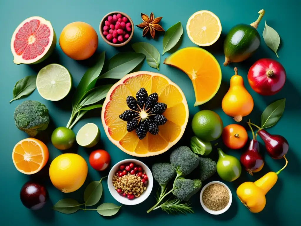 Un festín visual de frutas, verduras, hierbas y especias que representan los 6 sabores del Ayurveda