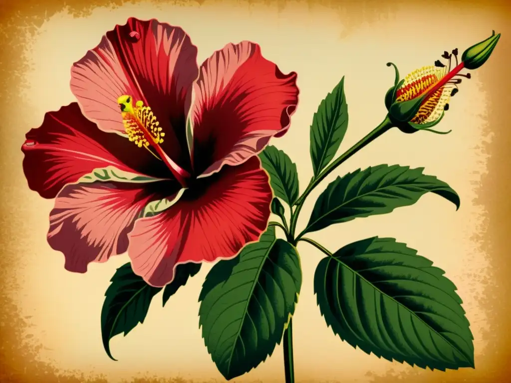 Una ilustración botánica vintage de una flor de hibisco, con detalles intrincados de los pétalos, estambres y pistilos