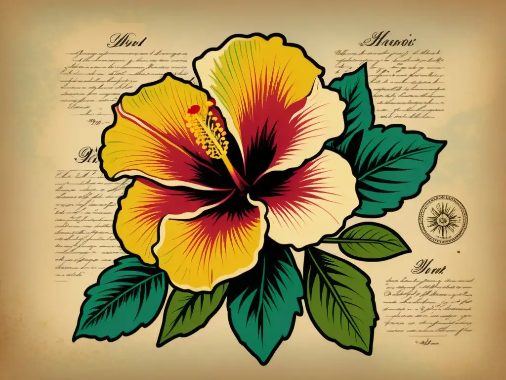 Una ilustración vintage de una flor de hibisco en plena floración, con detalles delicados, en un fondo de pergamino desgastado