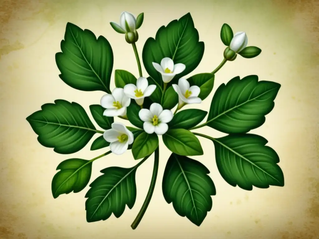 Ilustración vintage de Bacopa Monnieri con flores blancas y hojas ovaladas