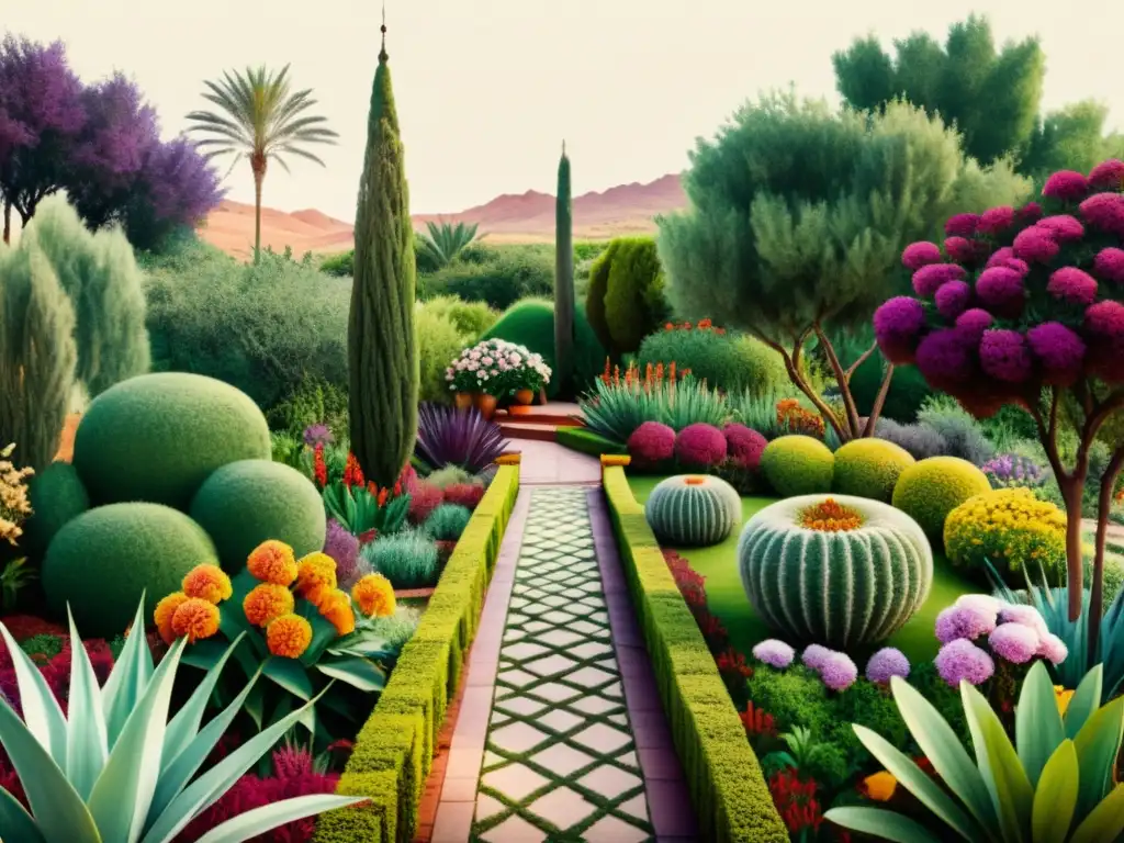 Un jardín botánico vintage de Marruecos, con flores vibrantes y exóticas, transmitiendo calma y fitoterapia en jardines de Marruecos