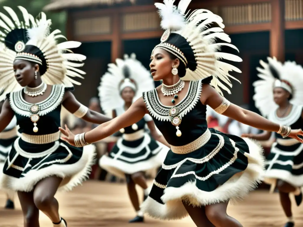 Una foto en blanco y negro muestra un grupo bailando en trajes elaborados con movimientos dinámicos y expresiones emocionales, destacando el papel del movimiento en terapias