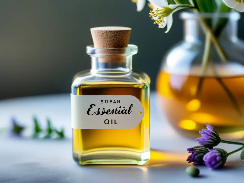 Un frasco de cristal de farmacia lleno de aceite esencial dorado, rodeado de hierbas y flores frescas