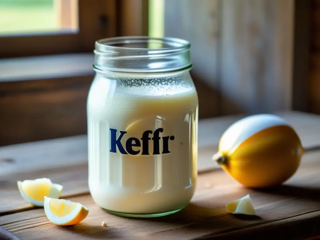 Un frasco de kéfir en una mesa de madera rústica, con bayas frescas y nueces