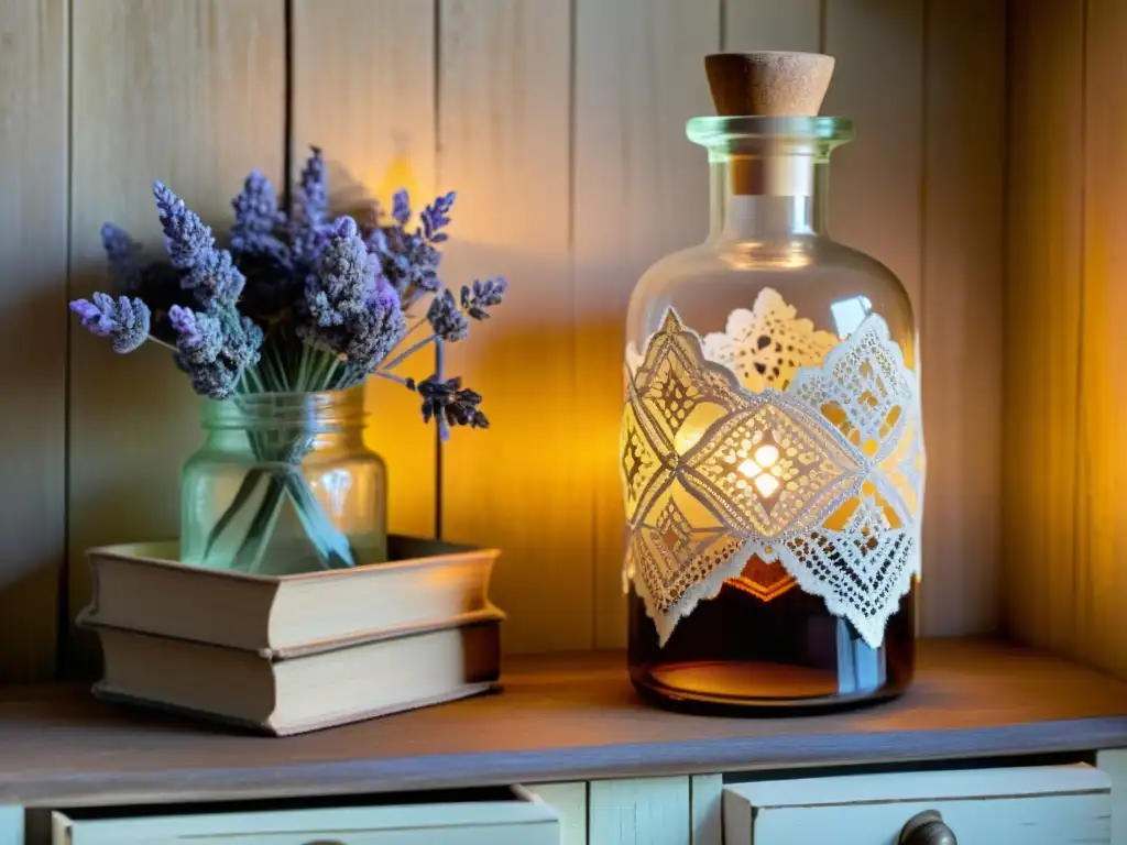 Un frasco de vidrio antiguo de farmacia con aceite esencial de lavanda, iluminado por una suave luz, en una mesa de noche de madera