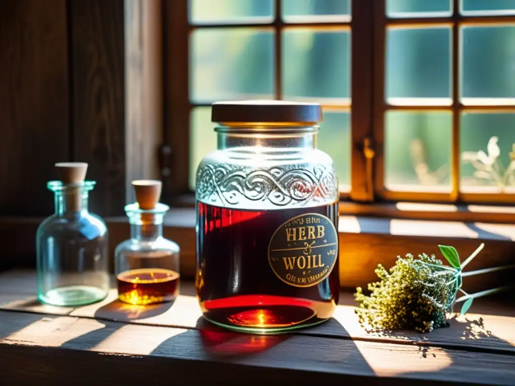 Un frasco de vidrio antiguo lleno de un líquido rojo intenso reposa sobre una mesa de madera envejecida, rodeado de hierbas secas y frascos vintage