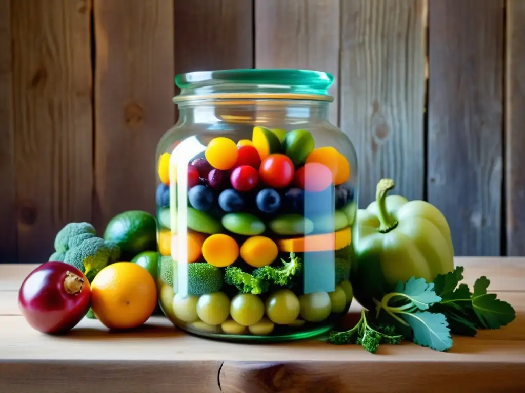 Un frasco de vidrio antiguo lleno de capas coloridas de frutas y verduras, mostrando los ingredientes del proceso de detoxificación