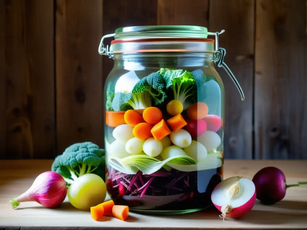 Un frasco de vidrio vintage lleno de coloridas verduras fermentadas, sobre una superficie de madera rústica