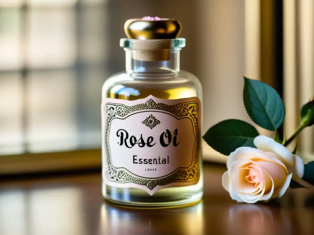 Un frasco vintage de farmacia con aceite esencial de rosas, iluminado por una suave luz, resaltando sus usos medicinales